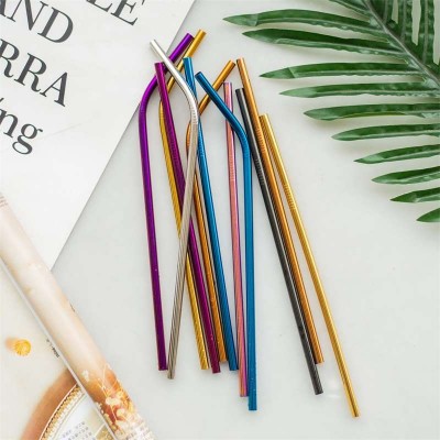 Custom logo wholesale stainless steel 304 reusable metal rose gold straws, rainbow drinking straws with brush and pouch